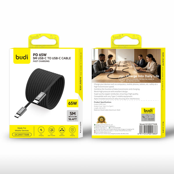 budi - PD 65W 5M USB-C to USB-C Braided Fast Charging Cable