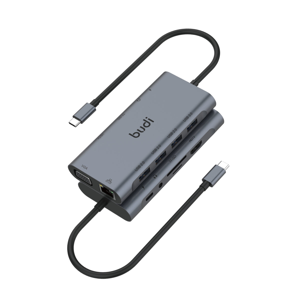 budi USB-C multiport hub with HDMI, VGA, Ethernet RJ45, USB 3.0, USB 2.0, SD/TF card reader, 3.5mm audio and PD charging