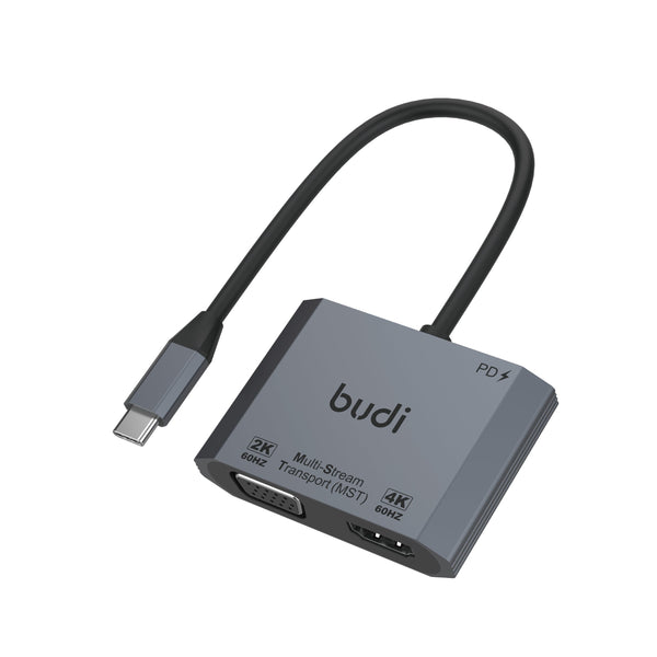 budi - USB-C to HDMI 4K 60Hz & VGA Adapter with PD Charging (MST Dual Display)